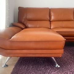 カウチソファー ハイバック 3人掛け 革張り L字型 ブラウン おしゃれ