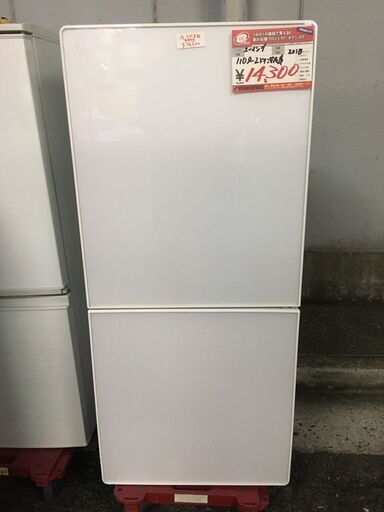 ☆中古 激安！！￥14,300！！U-ING　110㍑2ドア冷蔵庫　家電　2018年製　UR-FG110J(W)型　幅48cmｘ奥行54cmｘ高さ108cm　【BA14】