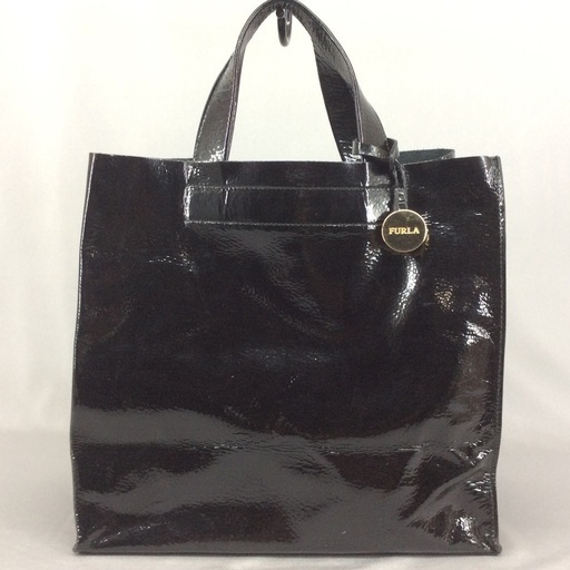 FURLA フルラ エナメル黒レザー サリー オープントート ハンドバッグ