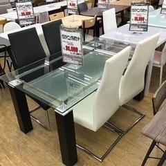 KN-6【ご来店頂ける方限定】ガラスダイニング5点セット 白×黒イス