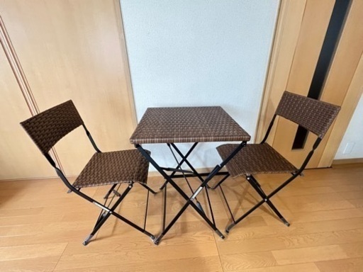折りたたみ椅子・テーブル　人工ラタン　(3点セット)