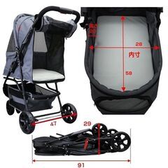 ●新品●3輪 ペットカート（グレー）●耐荷重20kg●タイヤサイズはクラス大口径●老犬猫介護用●ペットバギー●多頭飼い対応用●