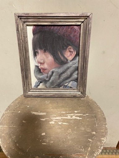 油絵　美品　雪解け待ちの少女