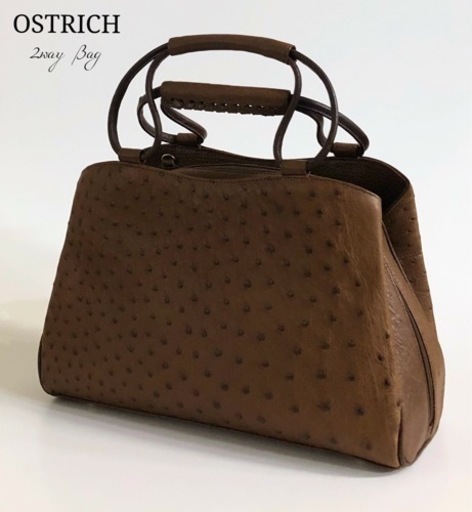 KBN-070【新品】オーストリッチ 2way ショルダーバッグ ハンドバッグ リッチブラウン 本革 極上品