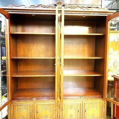 アンティーク 木彫 ガラスキャビネット 食器棚 飾り棚 書棚 本棚 コレクションケース ヴィンテージ★買取帝国 