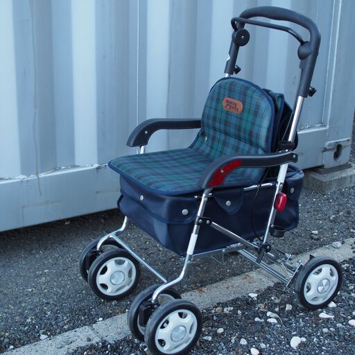 中古 シルバーカー　Walking Stecky　チェックグリーン 4輪　カート　折りたたみ式　歩行器　歩行車　ウォーキングスティッキー