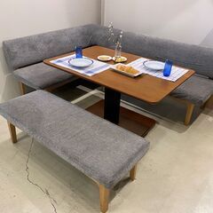 宇都宮でオシャレな家具を探すなら『オトワリバース！』リビングダイニングテーブルセット こたつテーブル 昇降式 ソファ ベンチ 4点セット ライトグレー 中古品