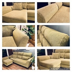 ☑️メル売約済み　新品に近い18万大川家具オリーブグリーンコーナーソファー左右切り替えエスハウス