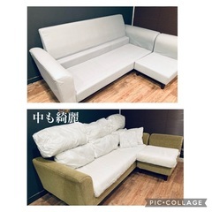 ☑️メル売約済み　新品に近い18万大川家具オリーブグリーンコーナーソファー左右切り替えエスハウス