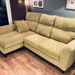 ☑️メル売約済み　新品に近い18万大川家具オリーブグリーンコーナーソファー左右切り替えエスハウス
