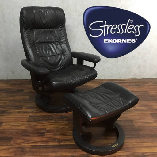 wa2/12 ジャンク品 EKORNES ストレスレスチェア オットマン付き 本革 張り椅子 エコーネス 北欧ノルウェー 椅子 ブラック 黒 チェア レザー