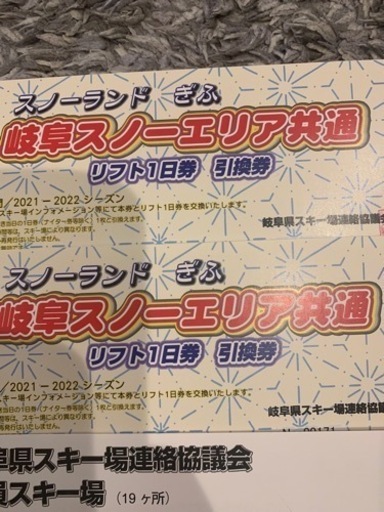 岐阜スノーエリア リフト1日券 2024-2025　2枚 岐阜スノーエリア共通 リフト1日券 2024-2025