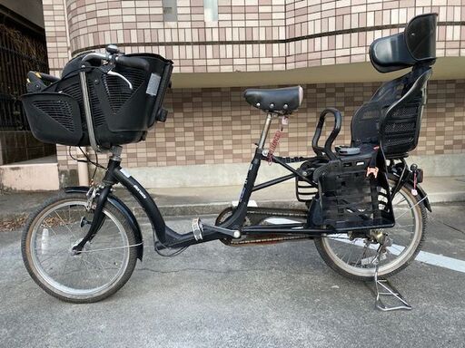 丸石サイクル　中古３人乗り対応自転車　前方後方チャイルドシート付きママチャリ　20インチ　ブラック　鹿児島市