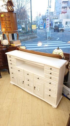 アンティーク家具 サイドボード 薄型 引出し多数 ホワイト 花柄☆幅120cm×奥行30cm×高さ79cm☆近隣配送無料 買取帝国 朝霞店