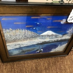 油彩画　真筆　富士山と丹頂鶴　浮世絵風