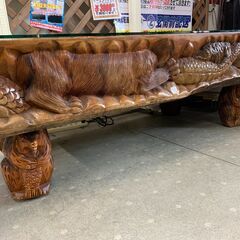 ★来店限定★　■木彫りガラステーブル　高級座卓　彫刻　骨董　※配達制限有