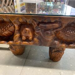 ★来店限定★　■木彫りガラステーブル　高級座卓　彫刻　骨董　※配達制限有