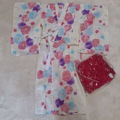 (お話中)【未使用】子供用浴衣＋帯 130cm 花柄　白　ピンク　紫