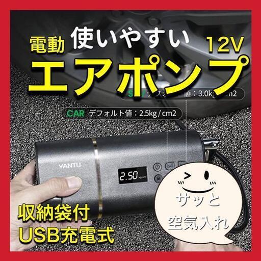 電動エアポンプ 12V ダブルシリンダー 充電器 USB充電式 収納袋付