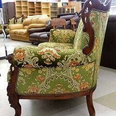 札幌市/清田区 金華山織 3人掛けソファ ロココ式 アンティーク調 ヨーロピアン 透かし堀り/鋲打ち/布地 肘掛け椅子