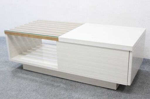 センターテーブル リモ 幅100cm リビングテーブル ローテーブル 引出し 収納 ホワイト ストライプ ガラス UV   中古 店頭引取歓迎 R5508)