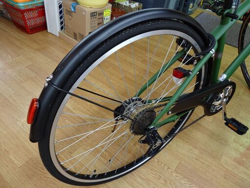27インチ 自転車 6段変速 グリーン シティサイクル  ROGRESS 鍵付き  カゴ ライト 西岡店