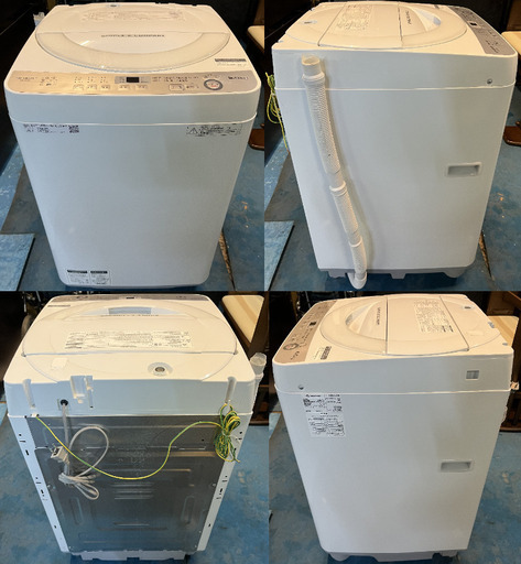 【成約済】tt　2018年製　SHARP　全自動電気洗濯機　6.0kg　風乾燥　3.0kg　ES-GE6B-W　ホワイト　給排水ホース付属 - 札幌市