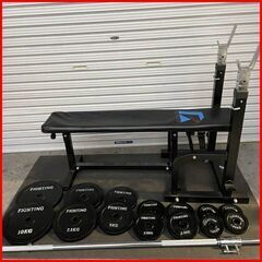 ② 状態良好 FIGHTING ROAD/ファイティングロード ハードベンチ+バーベルシャフト 1本＋プレート60Kg 手渡し希望/自社配送可能（配送エリアについてお問い合わせください）筋トレ・宅トレの初心者に最適