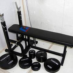 状態良好 FIGHTING ROAD/ファイティングロード チャレンジャーセット(ハードベンチ＋ダンベル、バーベルブラックタイプ100KG＋バーベルシャフト 1本+ダンベルシャフト 2本） 手渡し希望/自社配送可能（配送エリアについてお問い合わせください）
