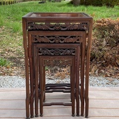 唐木家具 ネストテーブル 透かし細密彫刻 高卓花台抽斗四つ組揃 煎茶道具古玩紫檀中国美術唐物無垢材当時物旧家蔵出うぶだし☆お値下げ相談可‼️早い者勝ち♪