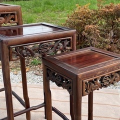 唐木家具 ネストテーブル 透かし細密彫刻 高卓花台抽斗四つ組揃 煎茶道具古玩紫檀中国美術唐物無垢材当時物旧家蔵出うぶだし☆お値下げ相談可‼️早い者勝ち♪