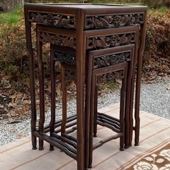 唐木家具 ネストテーブル 透かし細密彫刻 高卓花台抽斗四つ組揃 煎茶道具古玩紫檀中国美術唐物無垢材当時物旧家蔵出うぶだし☆お値下げ相談可‼️早い者勝ち♪