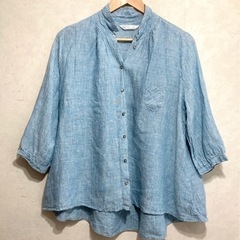 韓国ファッション リネンシャツ 5分袖 ブルー&ホワイト 麻 ス...