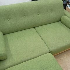 2人掛けソファ 布製 グリーン系 幅160×奥135×高70cm オットマン