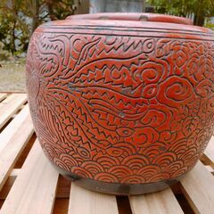 中古 火鉢 陶器 陶器の火鉢 鳥の模様 蓋つき 灰つき だるま火...
