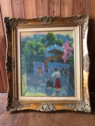 豪華絵画額 「乳母車と母と青の風景」画 有名画家？の無名作品美術コレクター祖母倉庫貯蔵品掘り出し物古美術品深谷徹中村徹 白路徹 画家