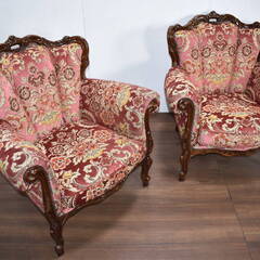 【ヤ取終了3/9】≪y228ジ 30202-04≫イタリア 高級 アンティーク風 シングル アームソファ 金華山織 2脚セット 飾鋲 ロココ クラシック家具