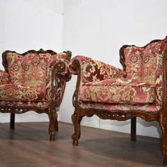 【ヤ取終了3/9】≪y228ジ 30202-04≫イタリア 高級 アンティーク風 シングル アームソファ 金華山織 2脚セット 飾鋲 ロココ クラシック家具