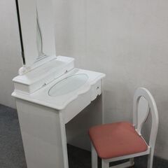 鈴木木工 3面鏡 ドレッサー 姫家具 ホワイト ライト付き 化粧台 椅子付き 中古家具 店頭引取歓迎 R5690)