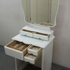 鈴木木工 3面鏡 ドレッサー 姫家具 ホワイト ライト付き 化粧台 椅子付き 中古家具 店頭引取歓迎 R5690)