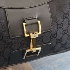 中古 グッチ 30cm シマキャンバス レザー ゴールド金具 ハンドバッグ