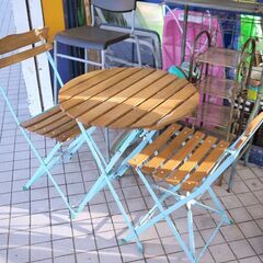 折畳式 ガーデニングテーブル チェアセット  木製＆アイアン  ...