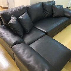 訳アリ品 札幌 ブラック PVCカウチソファ ３人掛け 高さ調整２段階 オットマン付