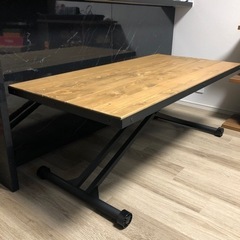 昇降テーブル ヴィンテージ 無段階 天然木パイン無垢材 + 鉄脚