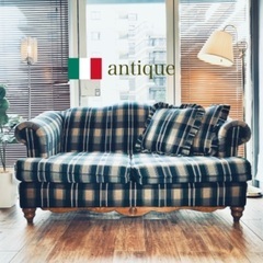 ☑️メル売約済　座り心地猫バス🇮🇹イタリア輸入高級カントリーチェックヴィンテージ2人掛けソファー