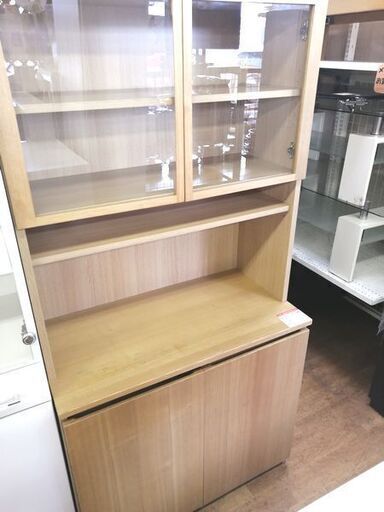 【旧鹿児島市内送料無料】中古 無印良品 MUJI カップボード SE87HO タモ材 ワゴン付 キッチン収納 ガラス扉 ナチュラル 家具 食器棚 レンジボード 良品計画