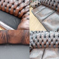 3人掛けソファ ブラウン 革 3Pソファ ボタン留め チェスターフィールド びょう打ち トリプル ソファー 札幌市 清田区 平岡