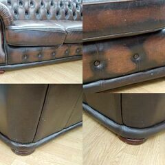 3人掛けソファ ブラウン 革 3Pソファ ボタン留め チェスターフィールド びょう打ち トリプル ソファー 札幌市 清田区 平岡