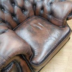 ① 本革 一人掛けソファ チェスターフィールド 幅125×奥102×高84cm ブラウン系 シングルソファ 1Pソファ 札幌市 清田区 平岡