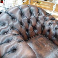 ① 本革 一人掛けソファ チェスターフィールド 幅125×奥102×高84cm ブラウン系 シングルソファ 1Pソファ 札幌市 清田区 平岡